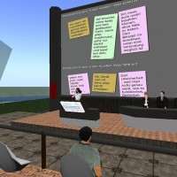 Second Life Vortrag einer Referentin mit Publikum