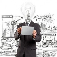 Lamp Head Businessman With Touch Pad and sketches in the backround
